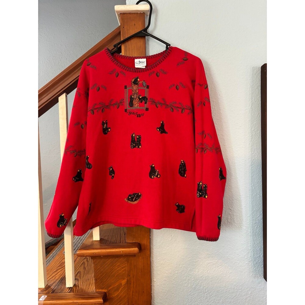 Vintage 1990s Artisans Barefoots Women’s Sweater Red Black Bears Pinecones L